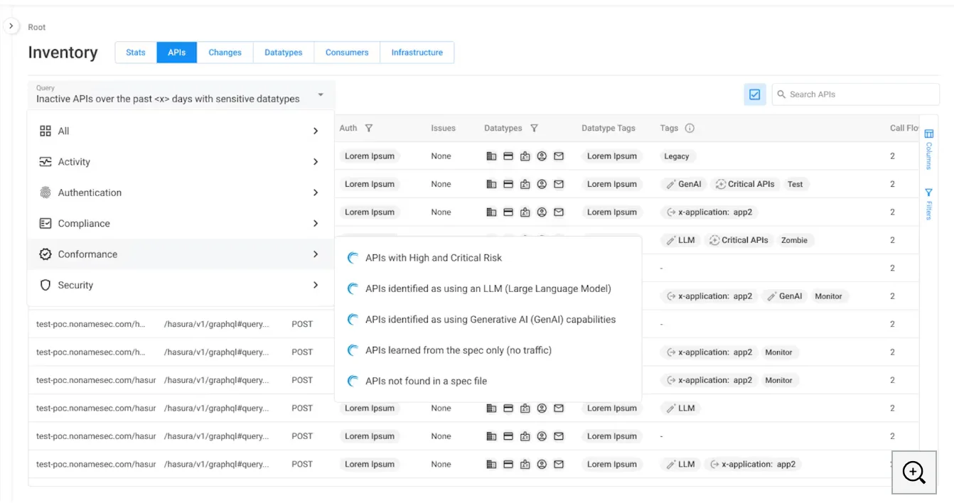 Akamai API Security GenAI and LLM API tagging in the inventory view