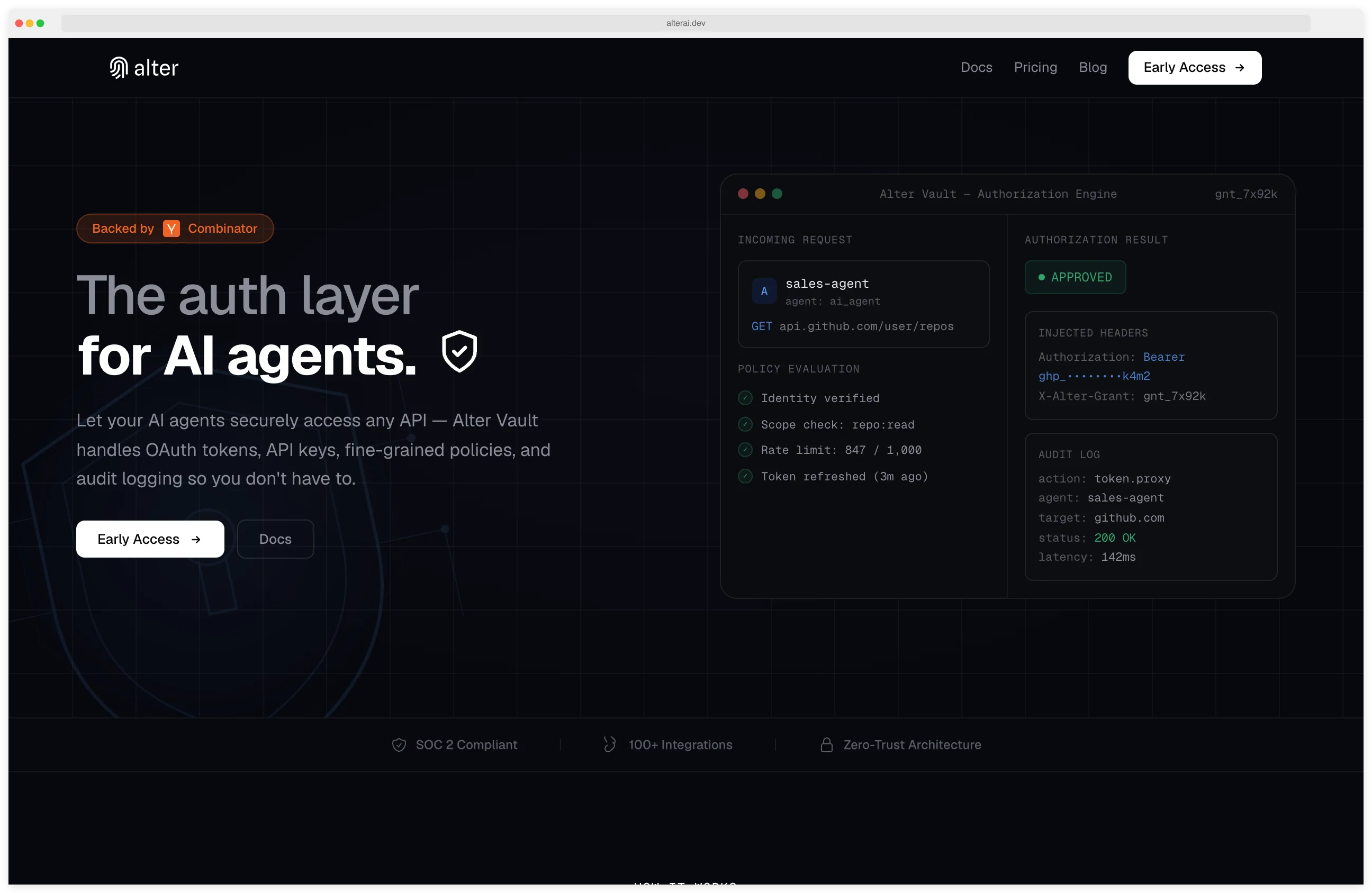 Alter landing page showing an Alter Vault authorization engine demo with an incoming sales-agent request, approved policy evaluation, and issued ephemeral token for an AI agent