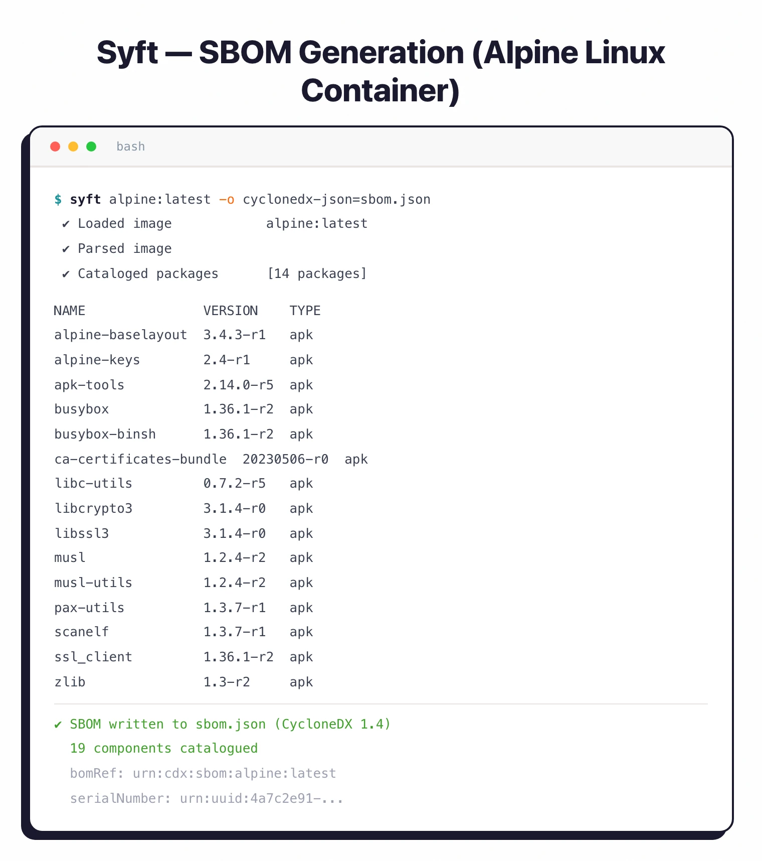 Syft CLI cataloging an Alpine Linux container image and producing a CycloneDX JSON SBOM listing 19 packages