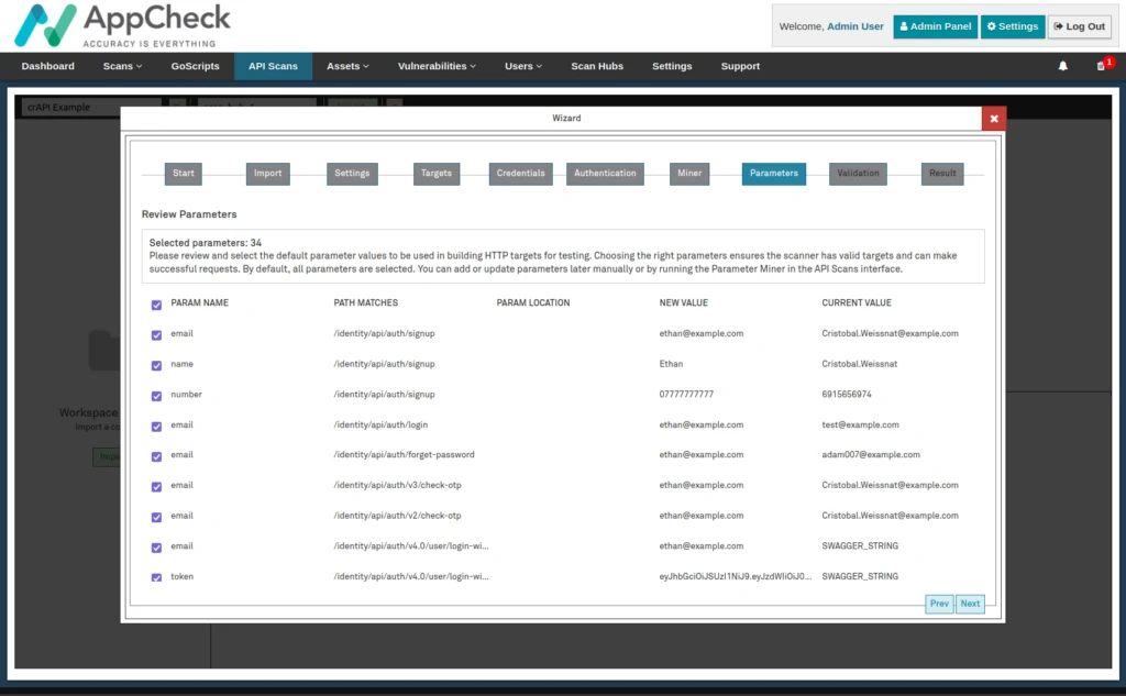 AppCheck dashboard showing API scan results with target URLs and scan status