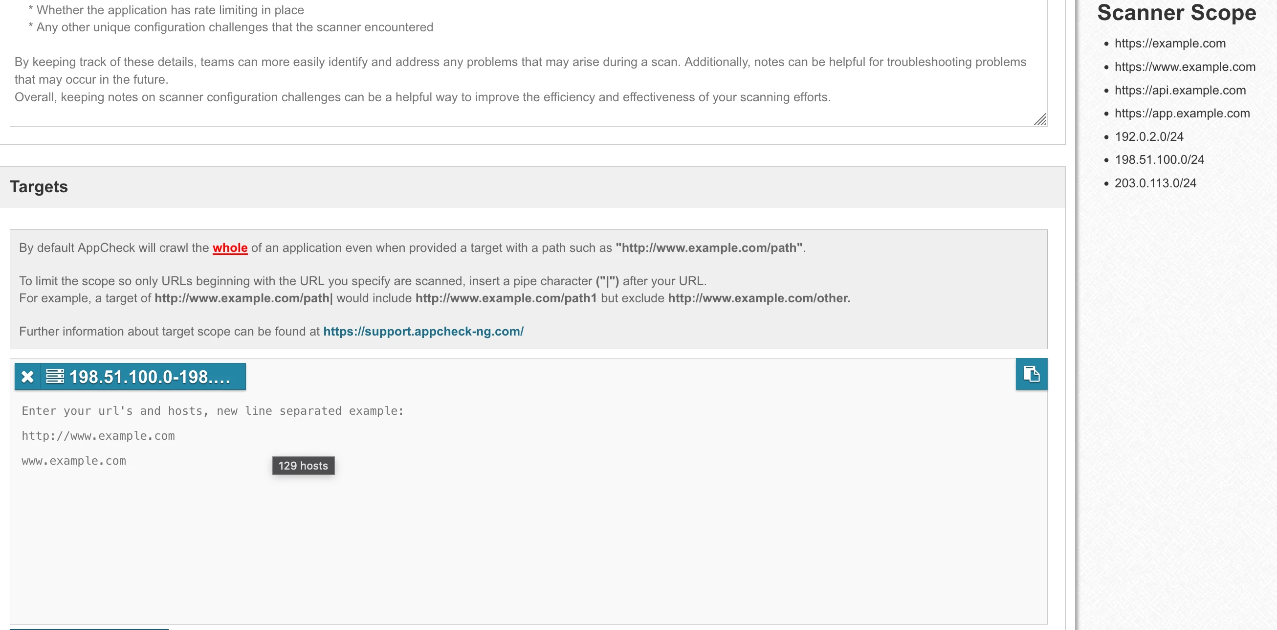 AppCheck infrastructure scan configuration showing target URLs and IP ranges for scanner scope