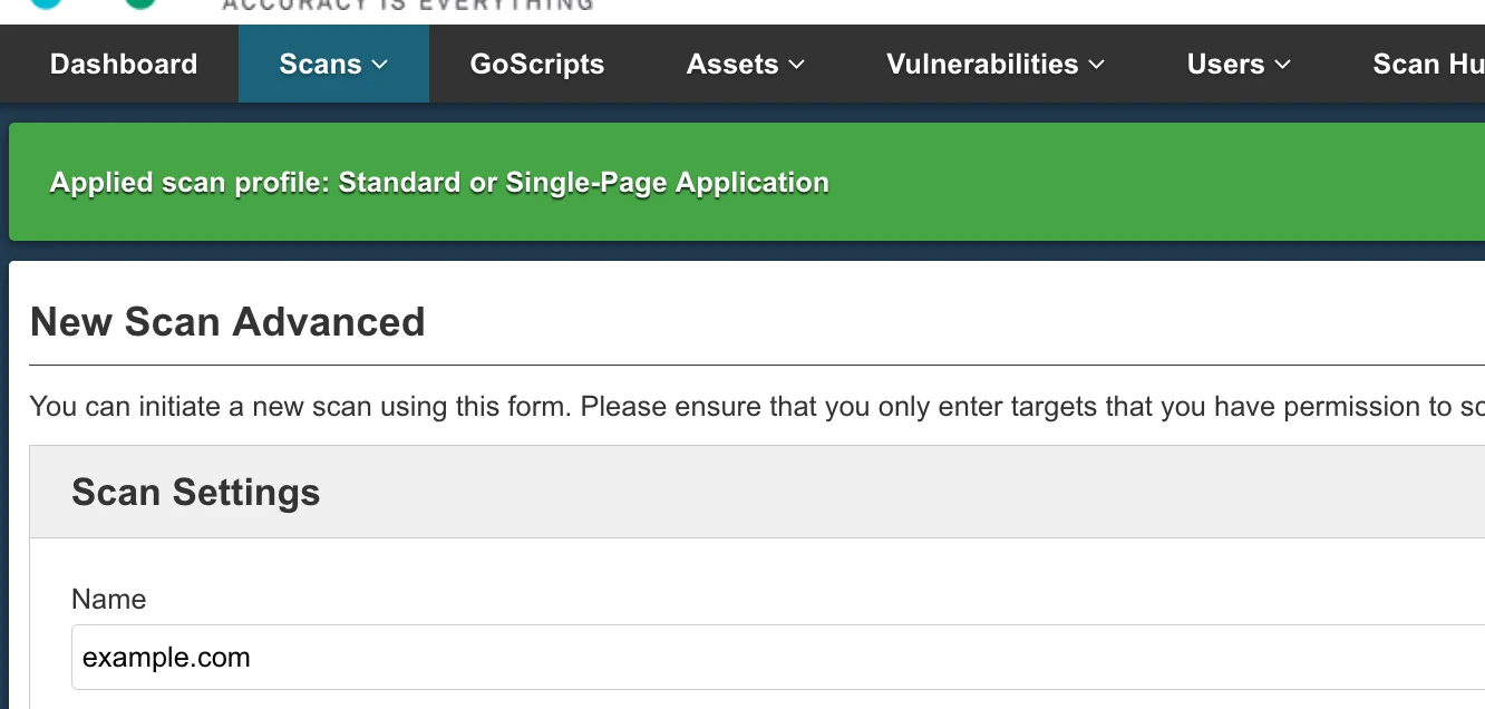 AppCheck New Scan Advanced setup UI showing scan name and target configuration