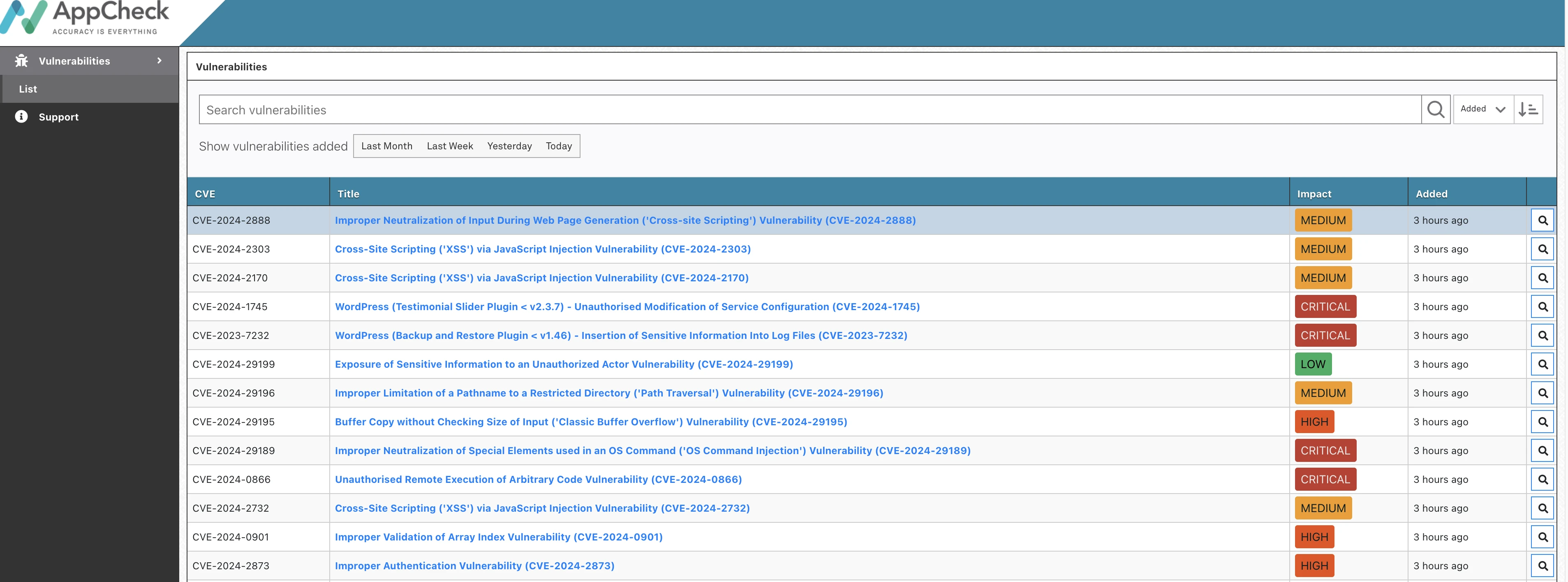 AppCheck VulnFeed vulnerability database showing CVE entries with CRITICAL, HIGH, and MEDIUM severity ratings updated hourly