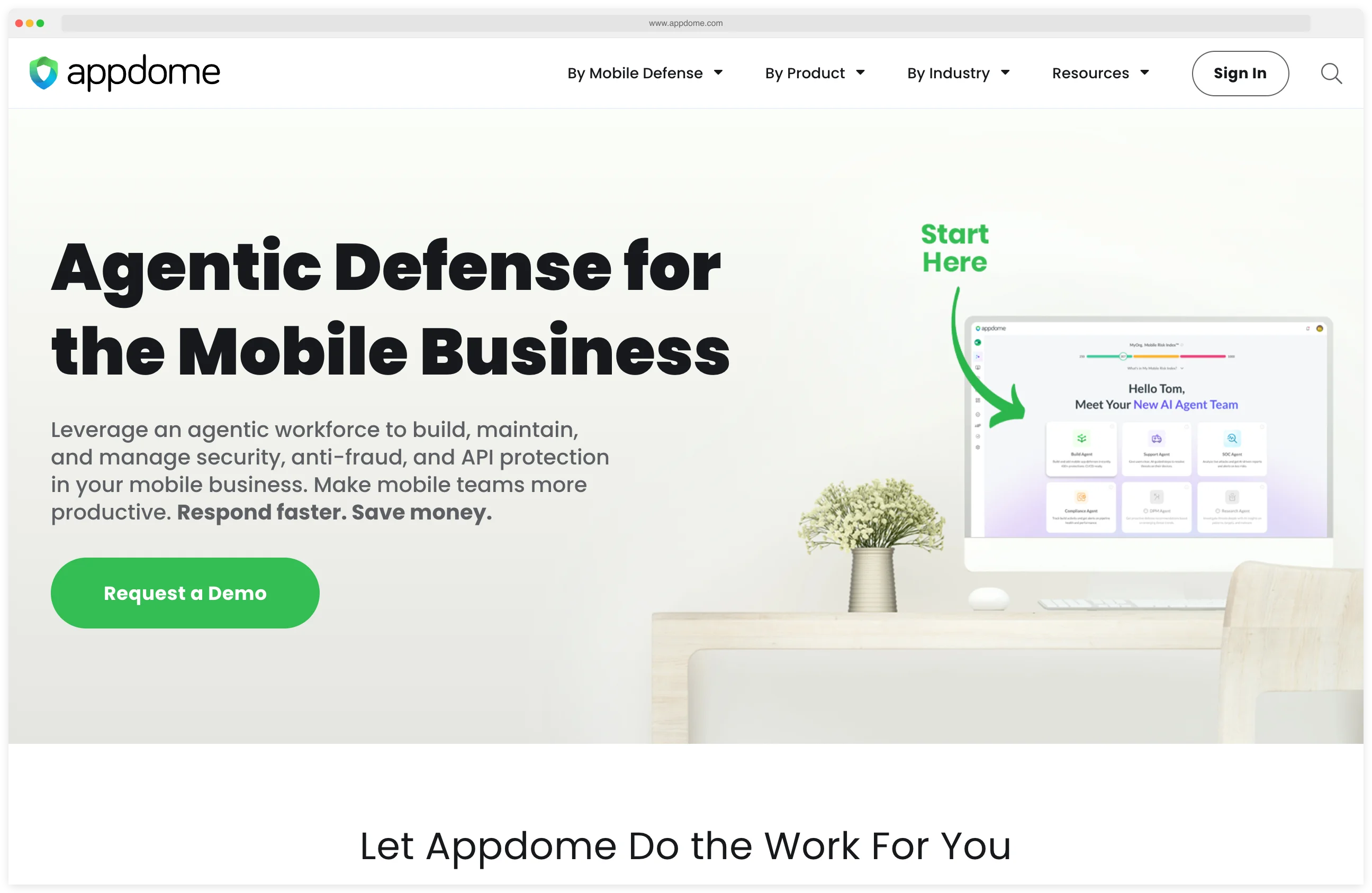 Appdome homepage showing the no-code mobile app security platform with 400+ defenses for Android and iOS apps and CI/CD integration