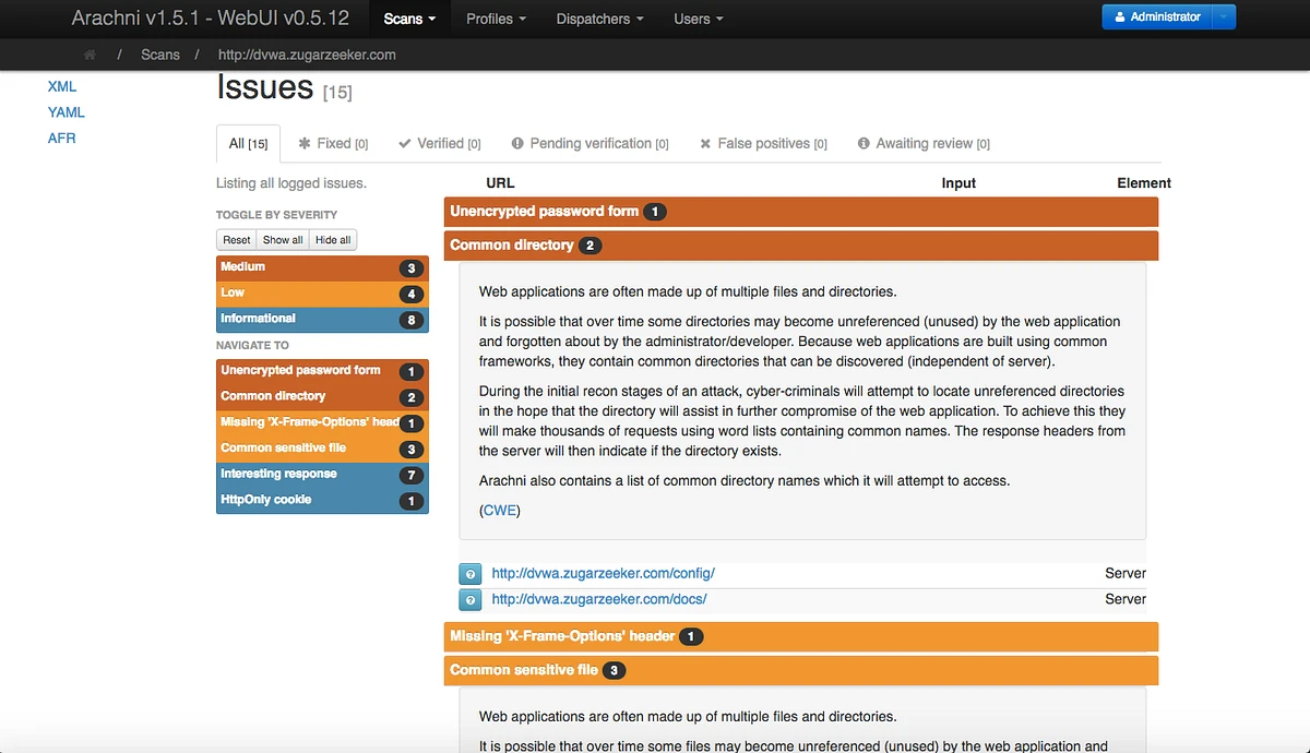 Arachni web UI issues panel listing detected vulnerabilities including unencrypted password form and path traversal findings