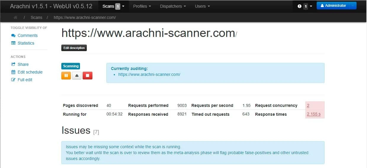 Arachni v1.5.1 web UI showing an active scan in progress — pages discovered, HTTP requests performed, and 7 issues detected