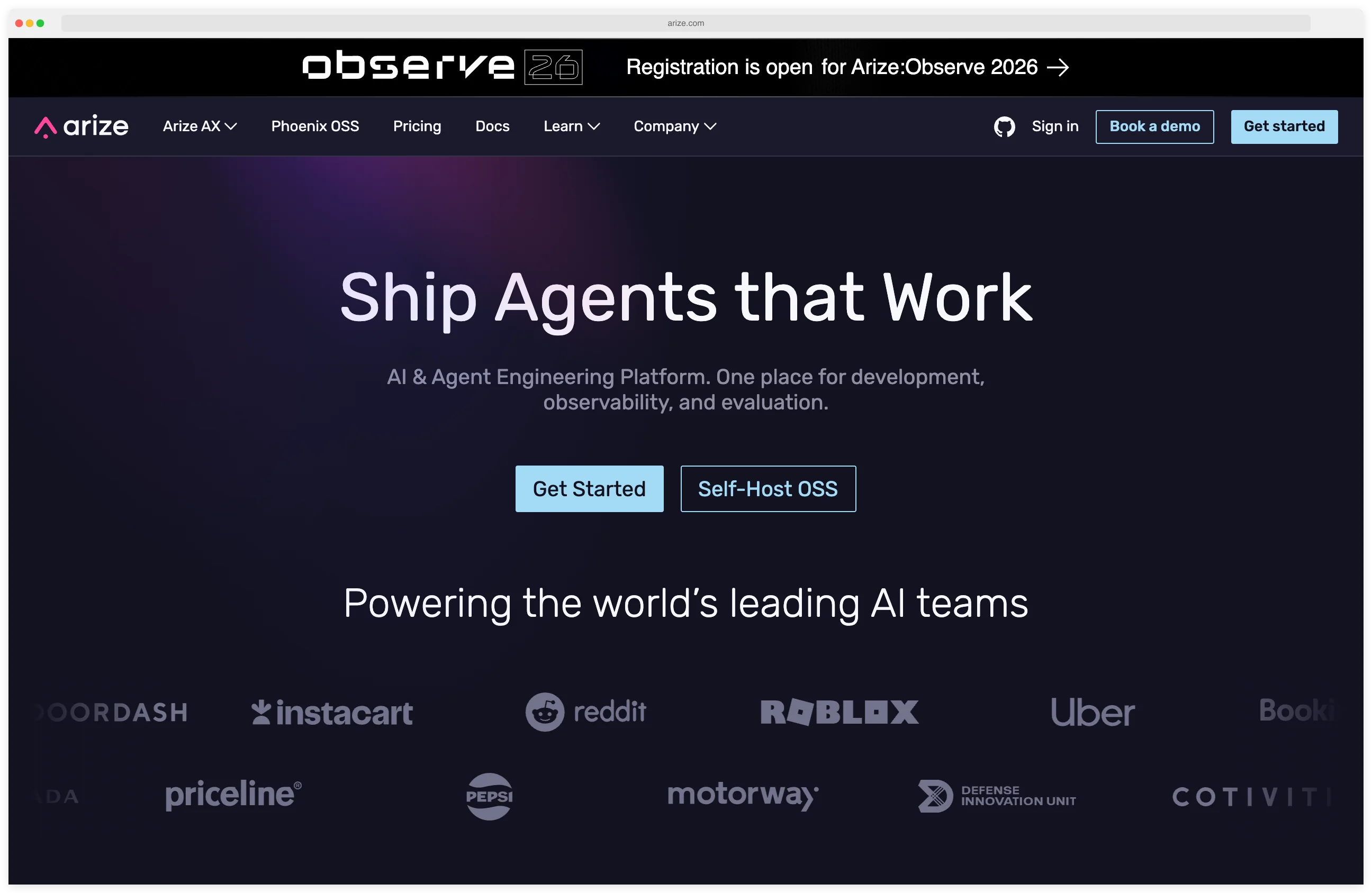 Arize AI LLM observability platform homepage showing evaluation, tracing, and model performance monitoring capabilities