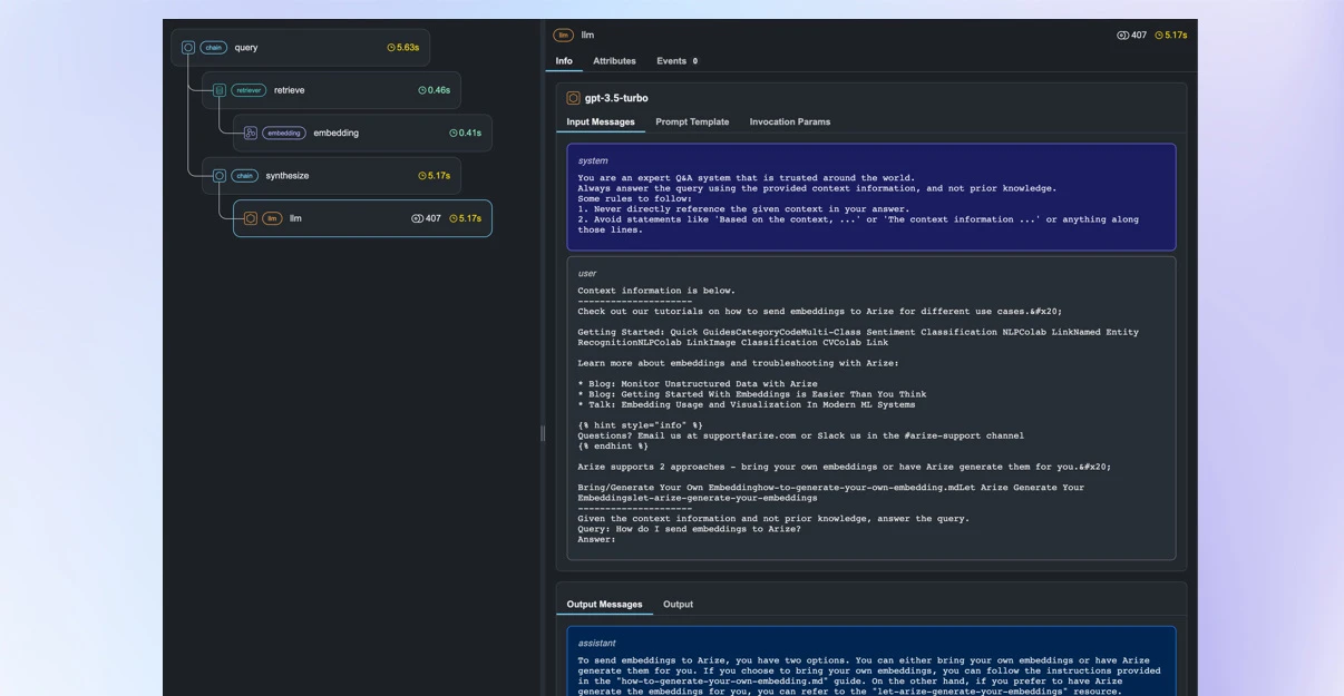 Phoenix open-source traces and spans visualization showing LLM call hierarchy, token counts, and latency breakdown