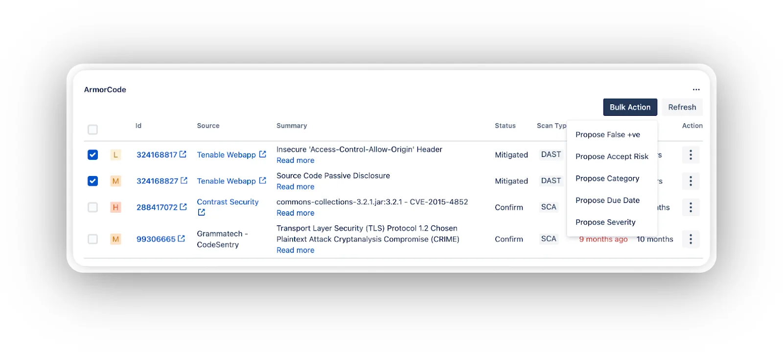 ArmorCode findings list with a Bulk Action menu open, exposing the workflow actions Propose False +ve, Propose Accept Risk, Propose Category, Propose Due Date, and Propose Severity across findings from Tenable Webapp, Contrast Security, and Grammatech CodeSentry