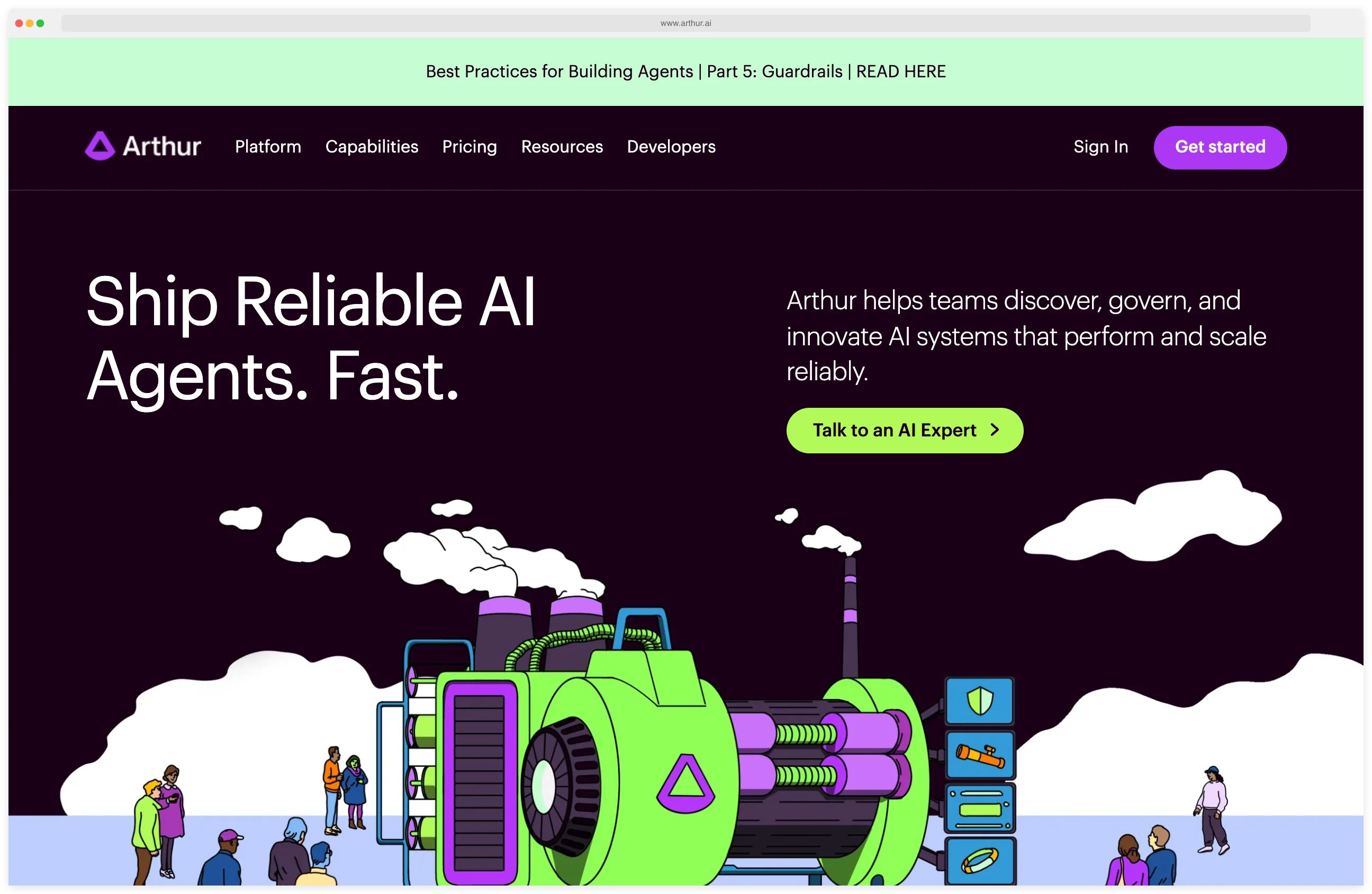 Arthur AI homepage with the tagline Ship Reliable AI Agents Fast, promoting tools that help teams discover, govern, and innovate AI systems at scale