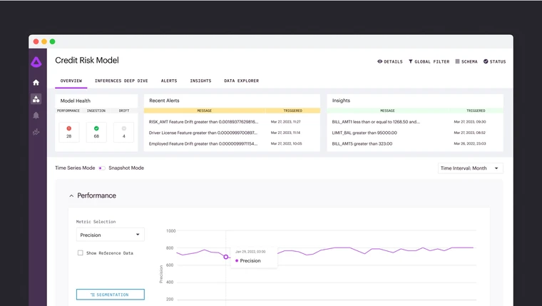 Arthur AI model monitoring dashboard showing Credit Risk Model health, recent alerts, performance metrics, and time series chart
