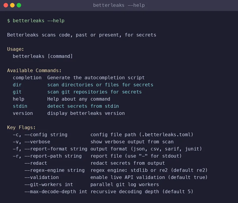 Betterleaks CLI help output showing available commands and key flags