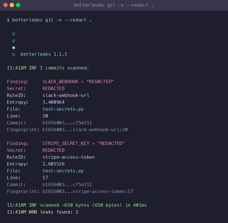 Betterleaks CLI scan output showing detected Slack webhook and Stripe API key secrets with redacted values