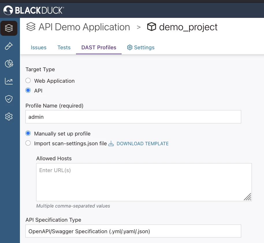 Black Duck Polaris DAST profile configuration screen for web application and API scanning