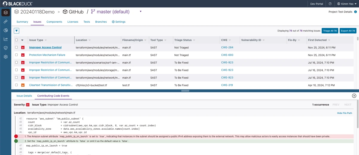 Black Duck Polaris Platform vulnerability triage interface showing findings from SAST, SCA, and DAST
