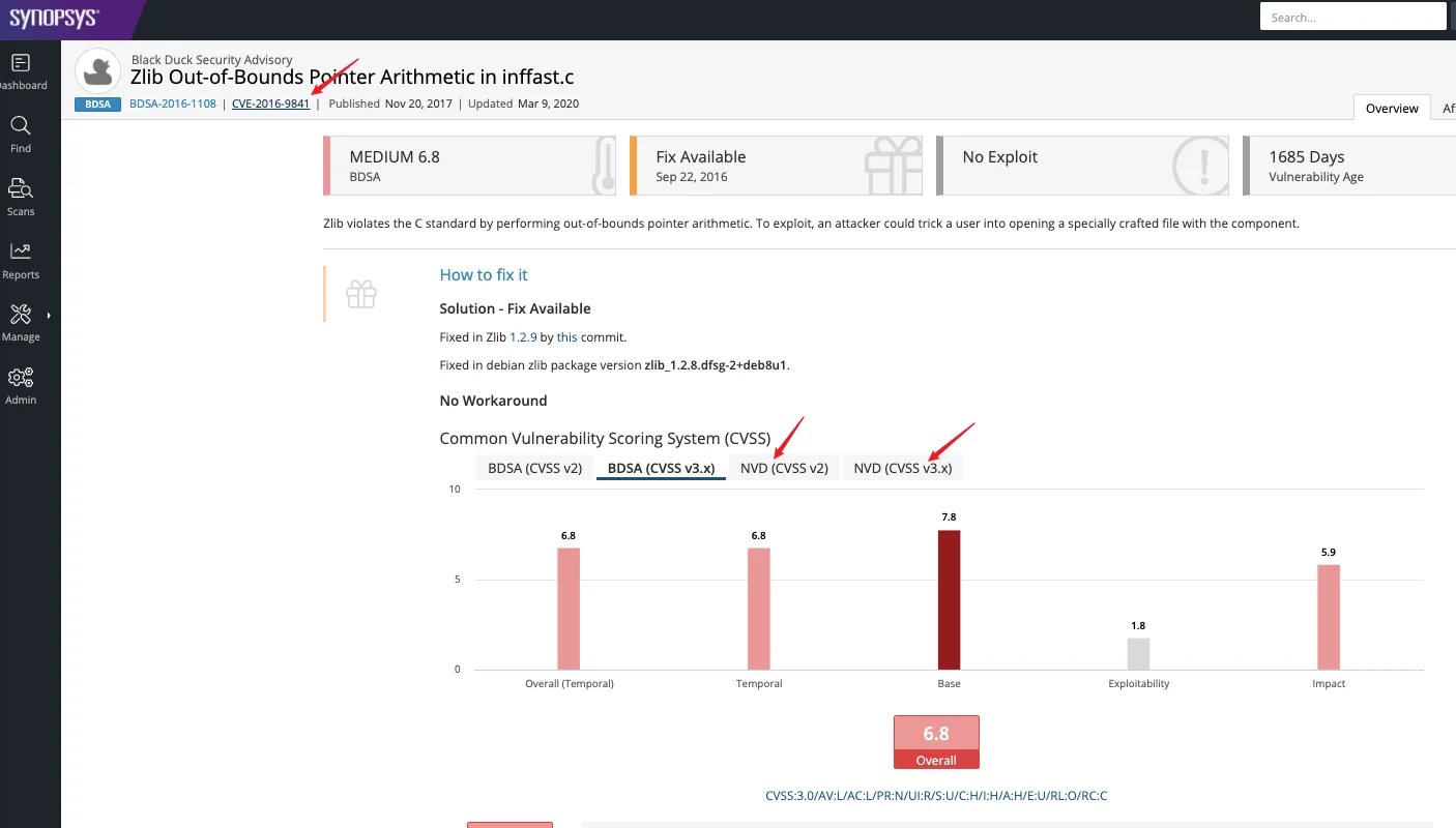 Black Duck Security Advisory BDSA-2016-1108 for CVE-2016-9841 in zlib, showing side-by-side BDSA CVSS v3.x vs NVD CVSS v3.x scoring tabs and a 1,685-day vulnerability age