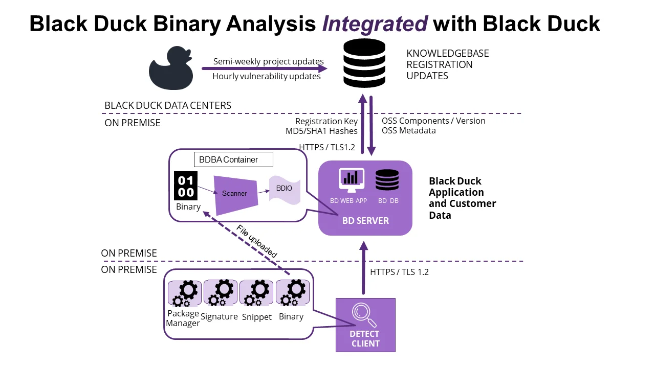 Black Duck Binary Analysis architecture diagram from vendor docs showing the BDBA container scanning a binary into BDIO and registering components with the KnowledgeBase alongside the Detect client's package manager, signature, snippet, and binary scan types