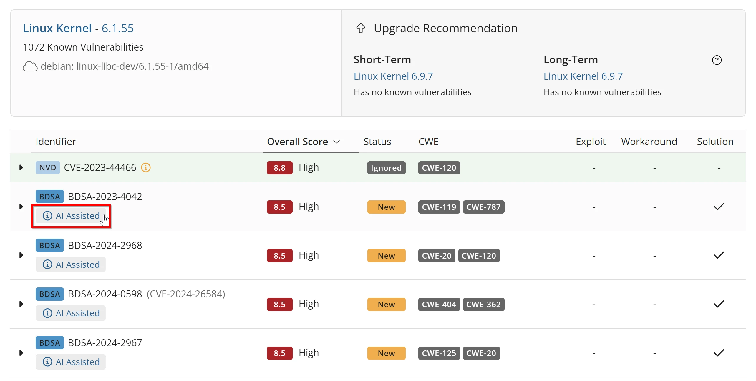 Black Duck BDSA vulnerability list showing CVE severity scores, CWE labels, exploit status, and upgrade recommendations for Linux Kernel