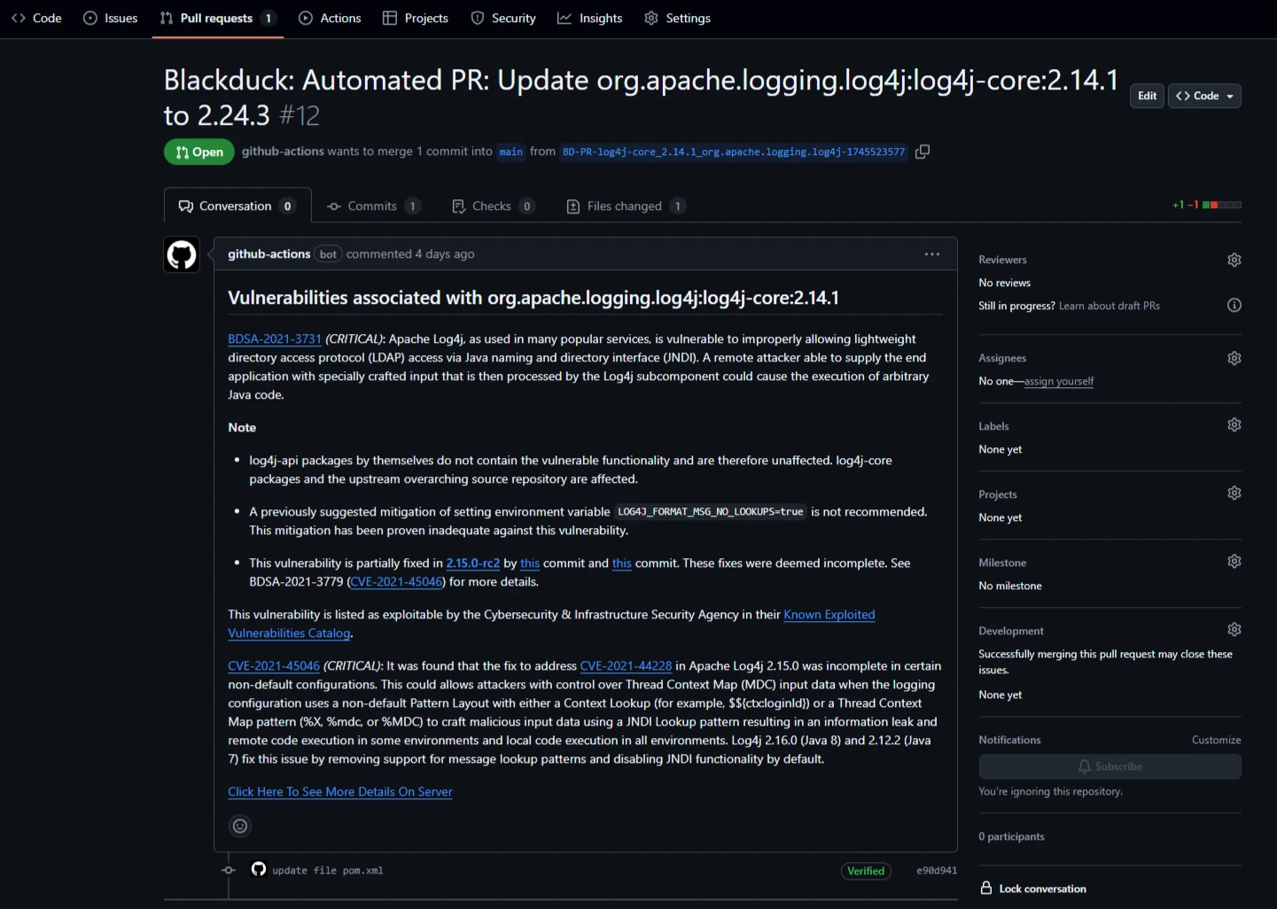 Black Duck automated pull request on GitHub updating log4j-core from 2.14.1 to 2.24.3 with full BDSA vulnerability details