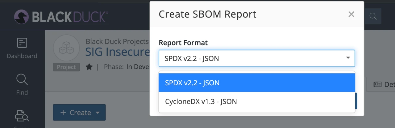 Black Duck SBOM export dialog showing SPDX v2.2 and CycloneDX v1.3 format options
