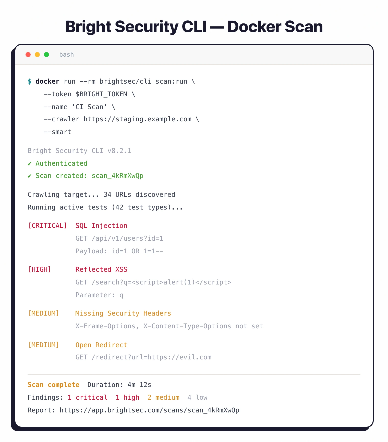 Bright Security CLI scan output showing discovered vulnerabilities including SQL injection and XSS findings