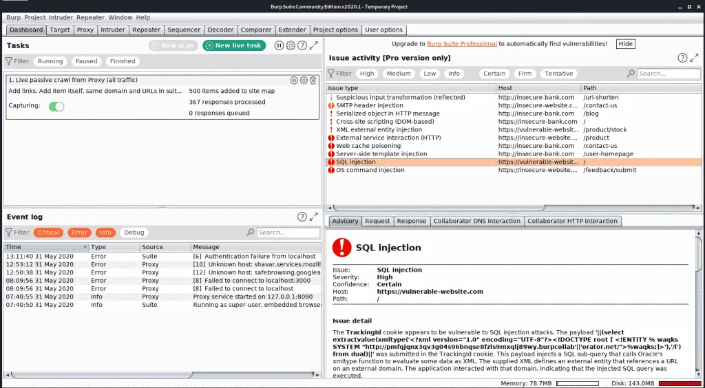 Burp Suite scan results showing vulnerability findings categorized by severity