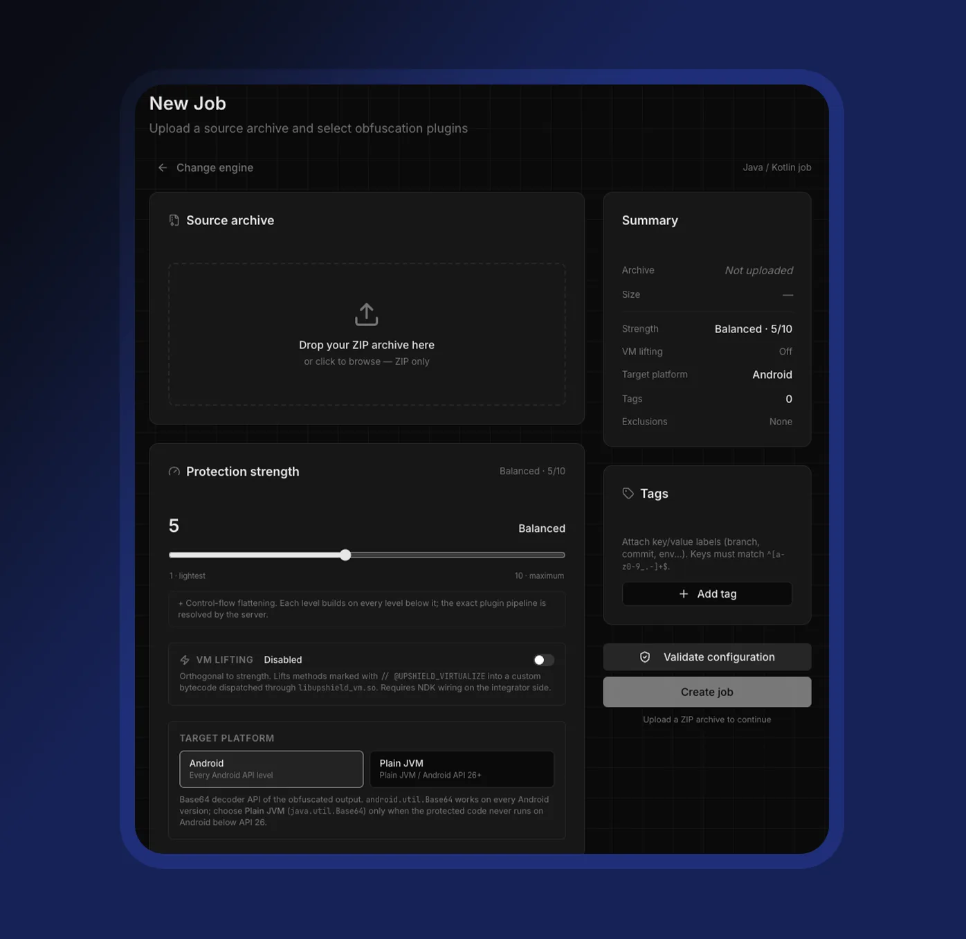 UpShield new job screen showing the ZIP source archive upload, a protection strength slider set to Balanced 5 of 10, a VM lifting toggle, and Android or Plain JVM target platform selection