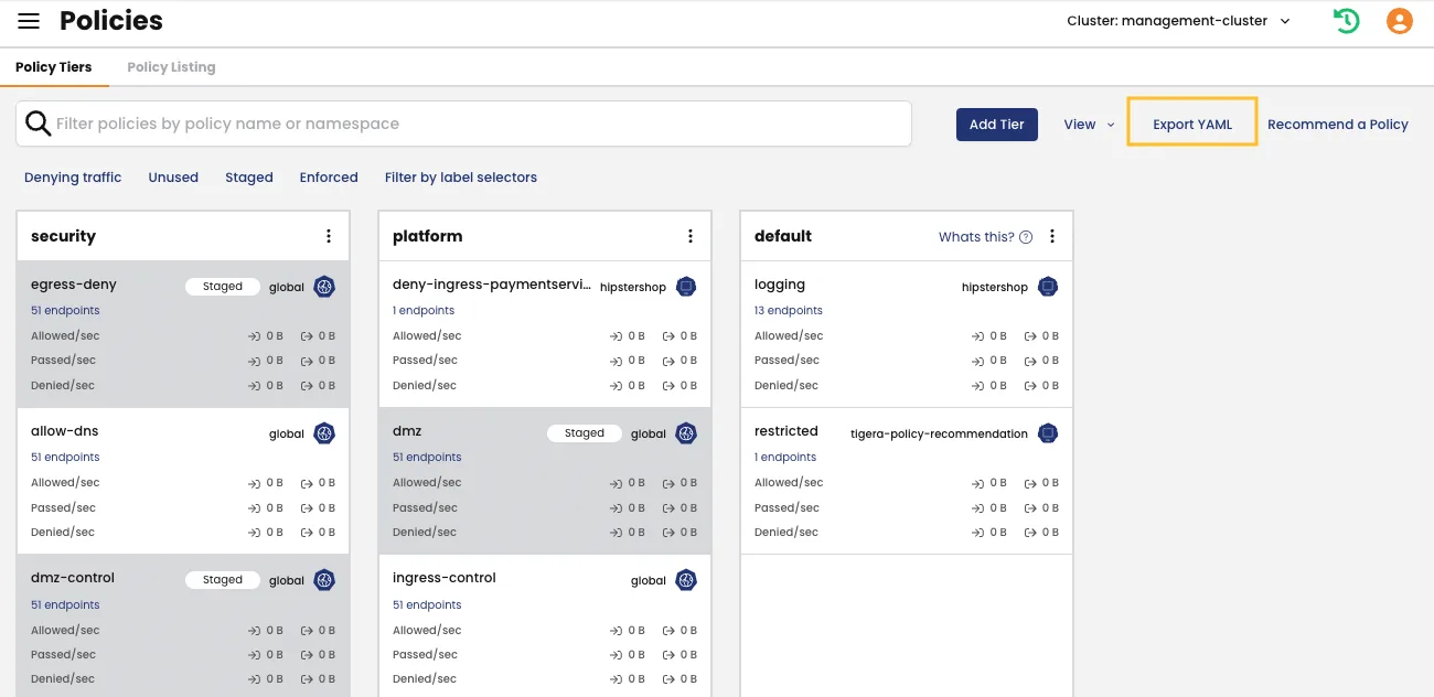 Calico tiered policy board showing security, platform, and default policy tiers with enforcement status