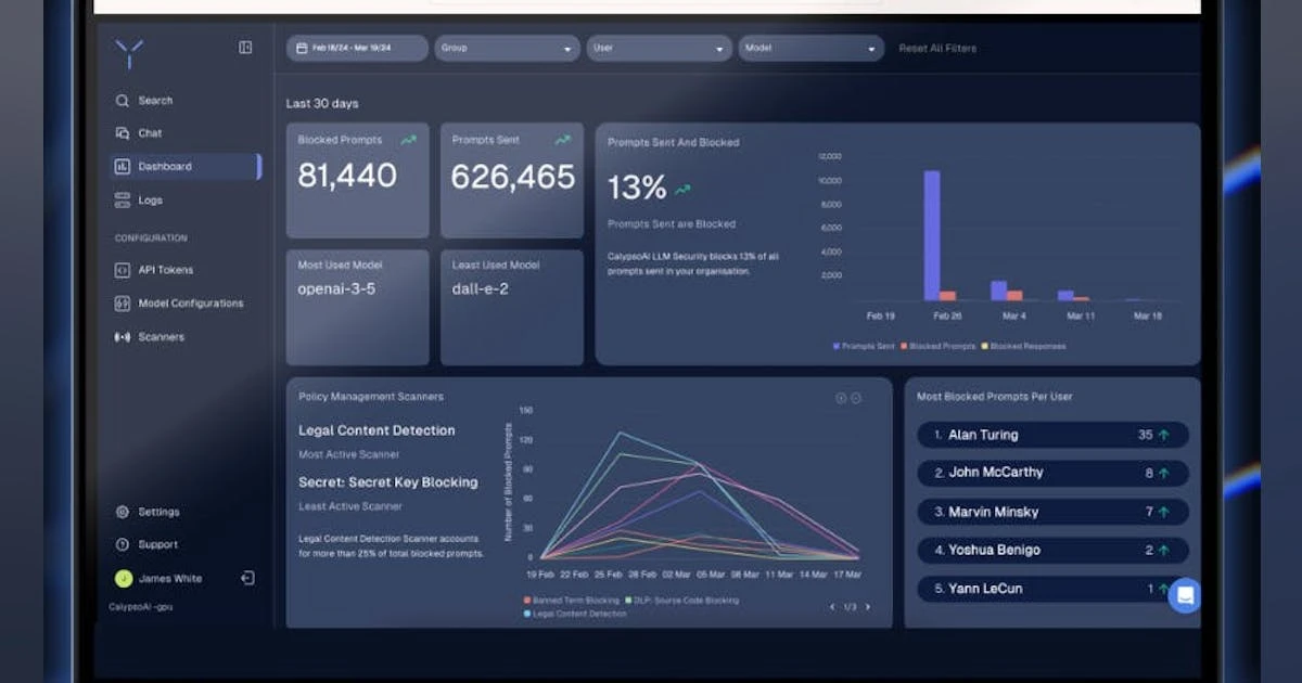 CalypsoAI observability dashboard showing blocked prompts, model usage stats, and policy management scanners