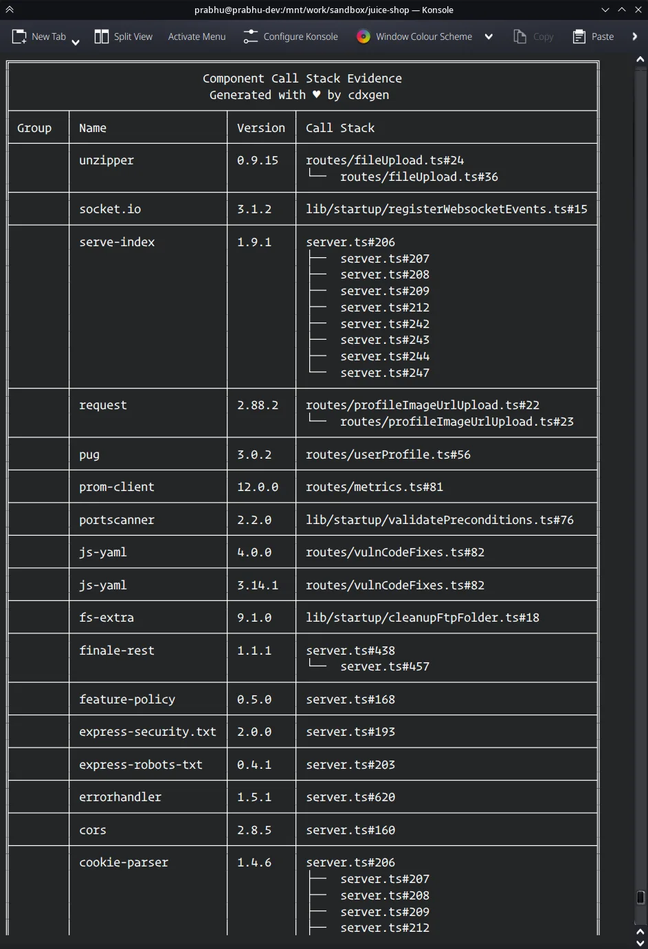 cdxgen callstack evidence output showing component-level reachability traces with call stacks per dependency
