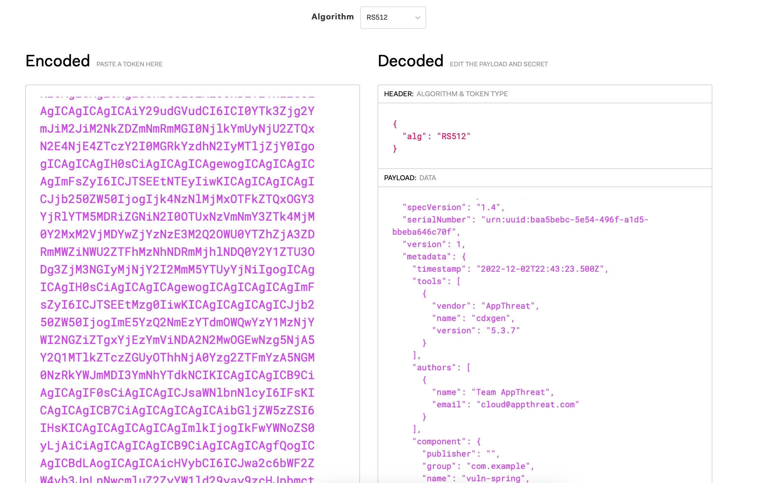 cdxgen SBOM signing showing encoded JWT token with decoded CycloneDX payload and signature verification