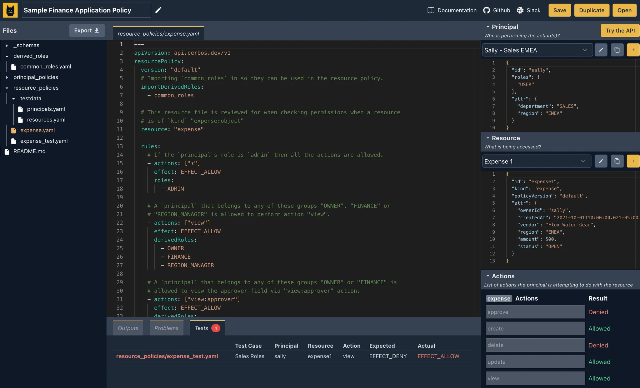 Cerbos Hub policy editor showing a sample finance application policy YAML file alongside test cases with principal, resource, action and expected/actual EFFECT_ALLOW and EFFECT_DENY results