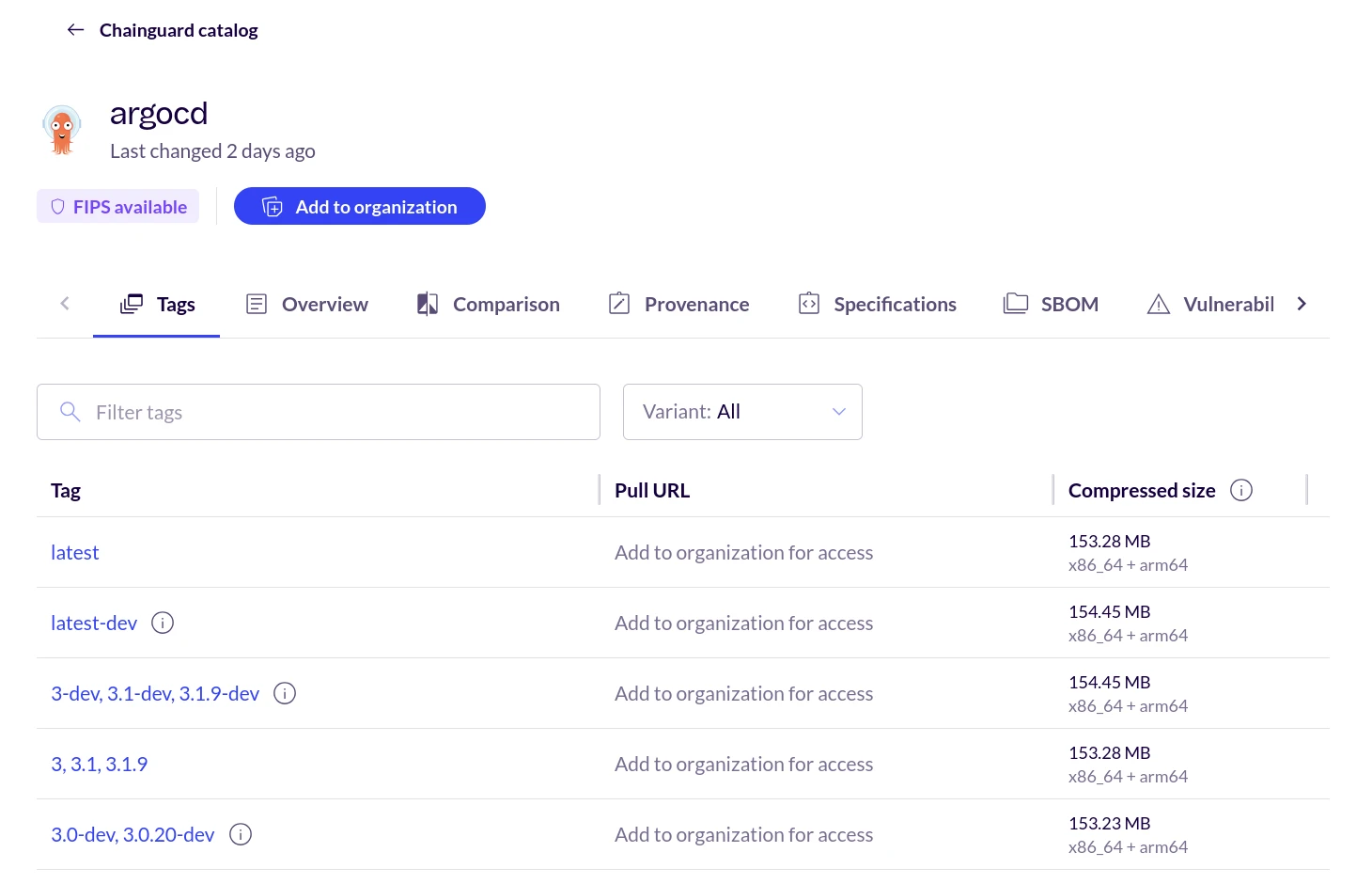 Chainguard Console image detail page for ArgoCD showing available tags, pull URLs, and tabs for Tags, Overview, Comparison, Provenance, Specifications, SBOM, and Vulnerabilities