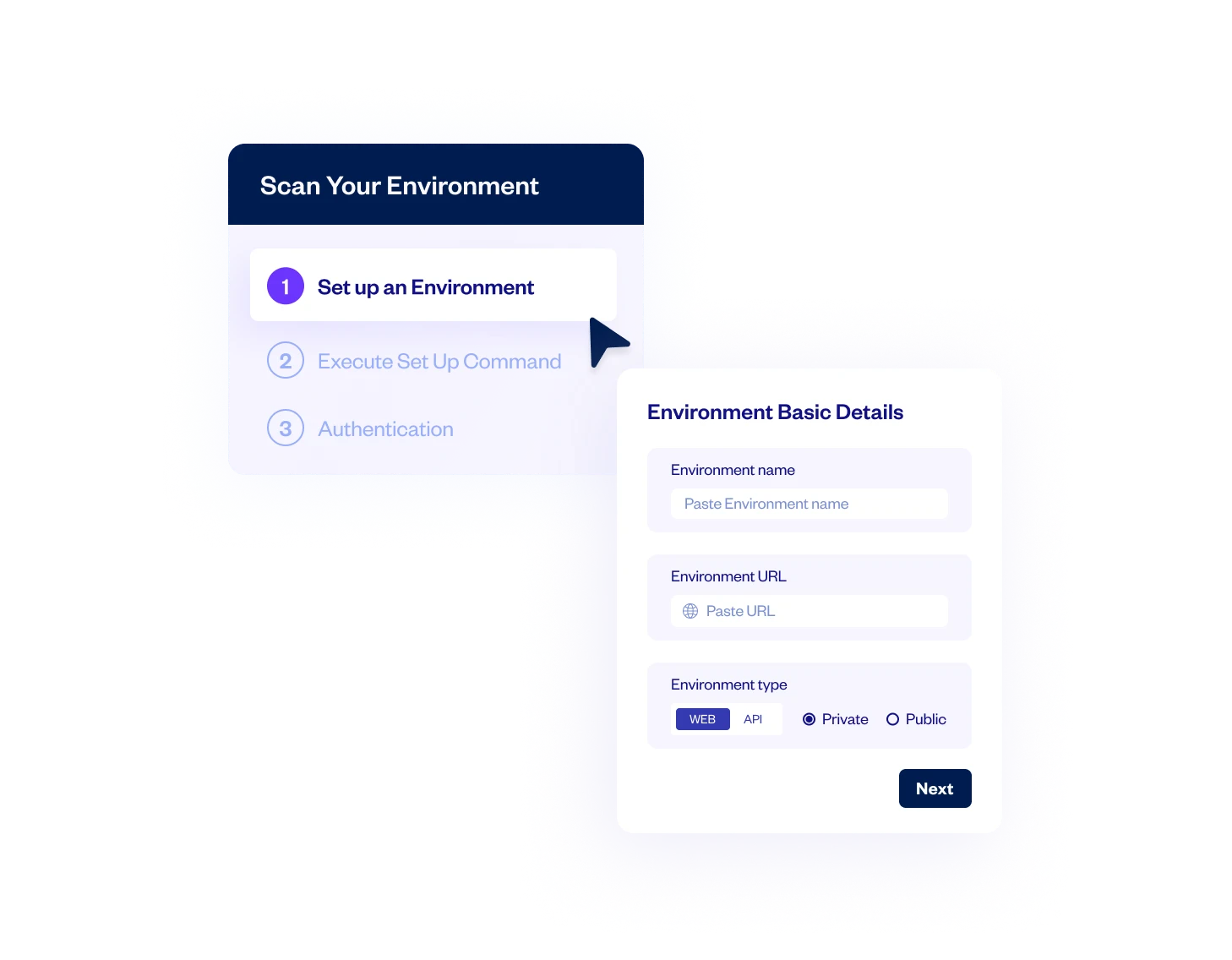 Checkmarx DAST environment setup wizard showing scan configuration steps: environment name, URL, and type selection (Web or API)