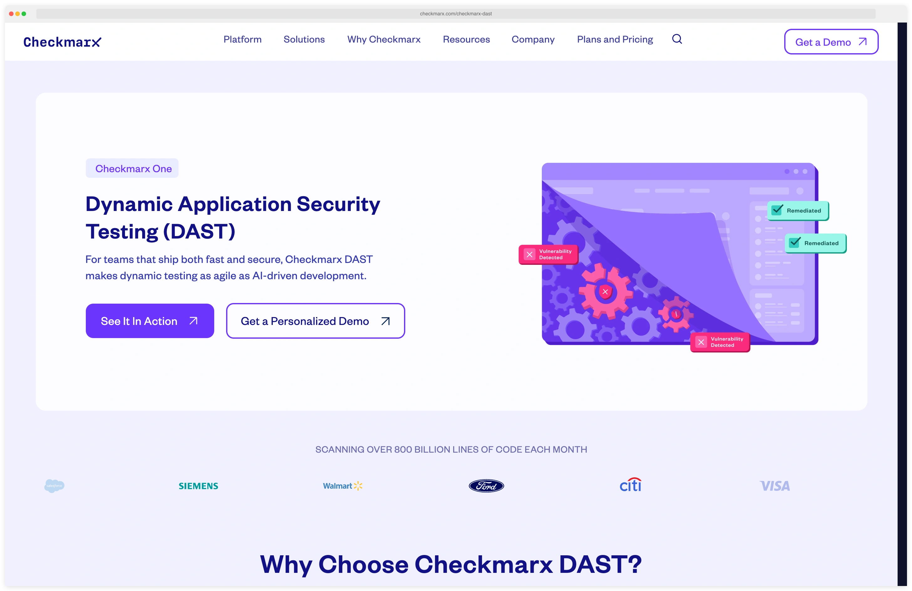 Checkmarx DAST product page showing Dynamic Application Security Testing within Checkmarx One platform