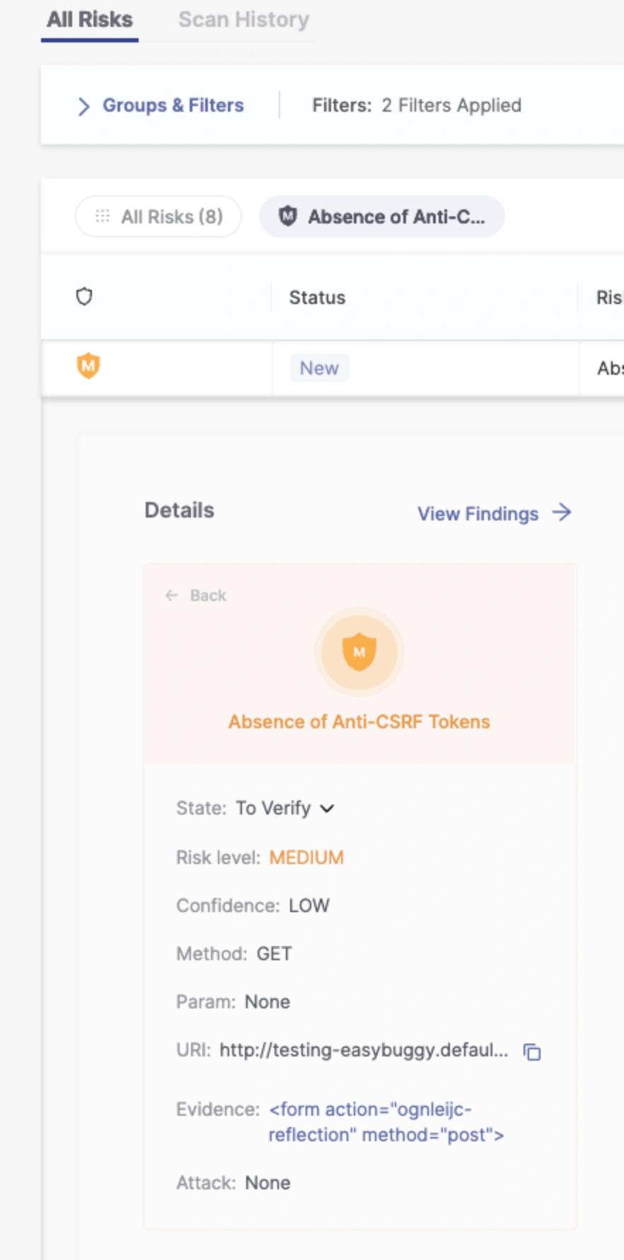 Checkmarx DAST risk detail view showing vulnerability name, risk level, confidence, method, URI, evidence, and attack information