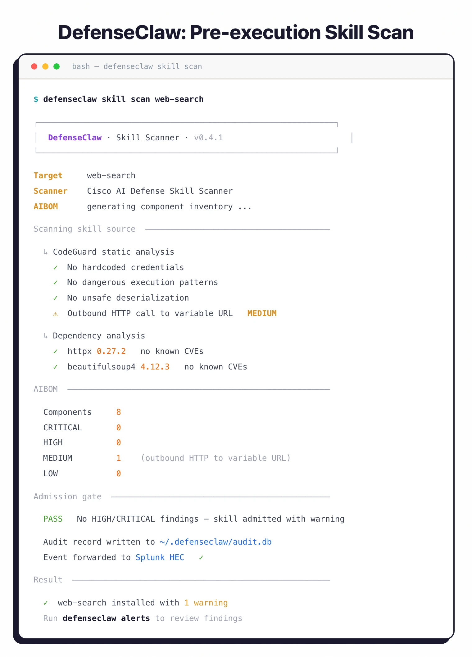 DefenseClaw skill scan output showing CodeGuard static analysis, AIBOM component inventory, admission gate verdict, and Splunk HEC audit forwarding