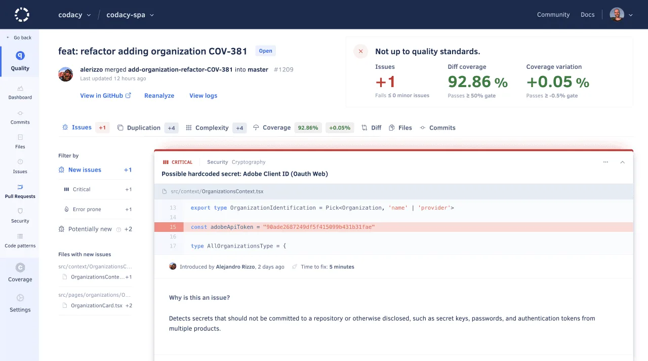 Codacy pull request analysis showing quality gate status and code review metrics