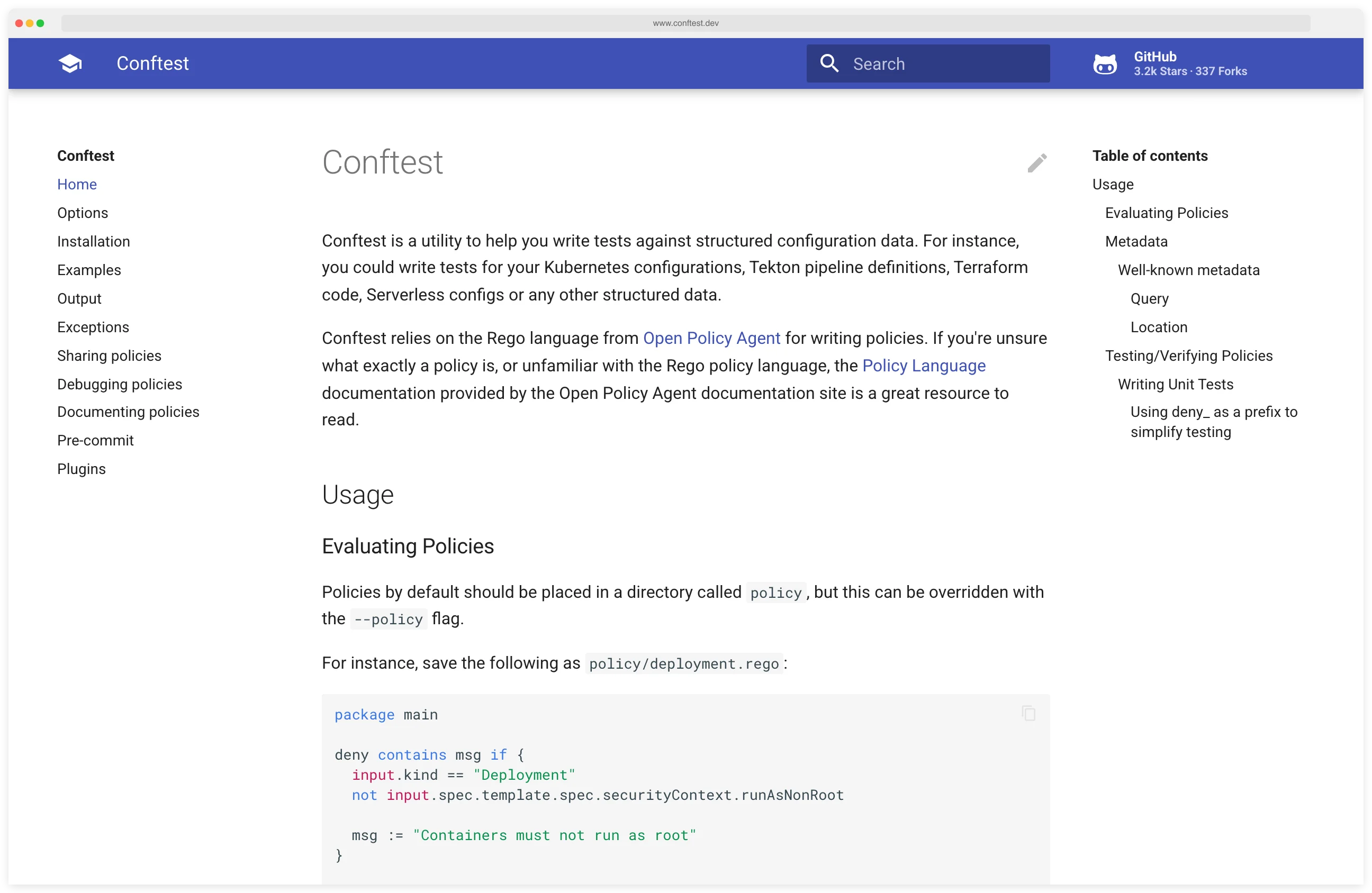 Conftest documentation site showing the Usage section with a Rego policy example that denies Kubernetes deployments that do not run as non-root
