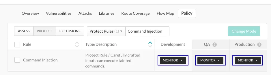 Contrast Protect policy management showing rule modes across Development, QA, and Production environments