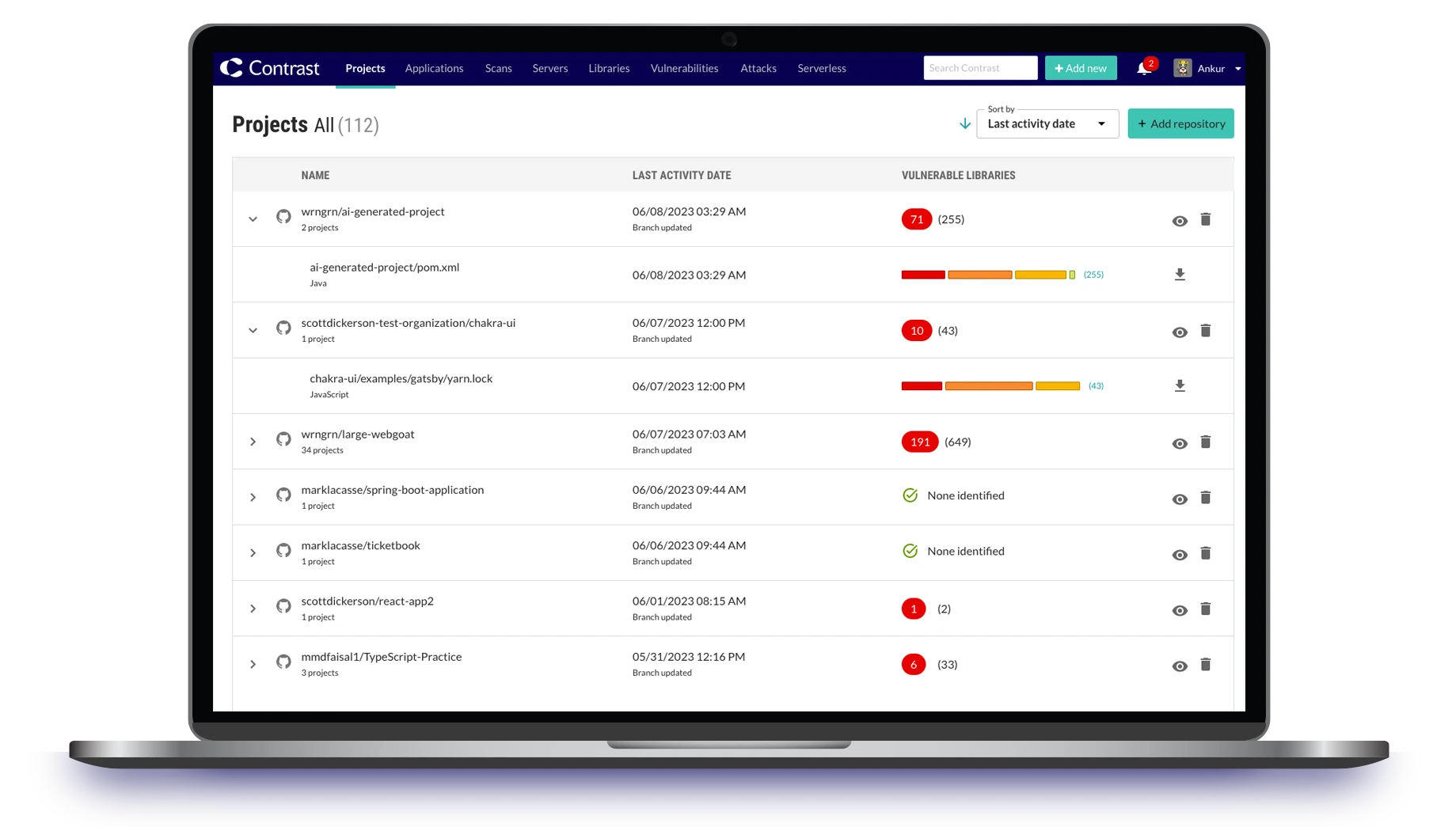 Contrast Security platform showing projects overview with vulnerability counts and last scan activity dates