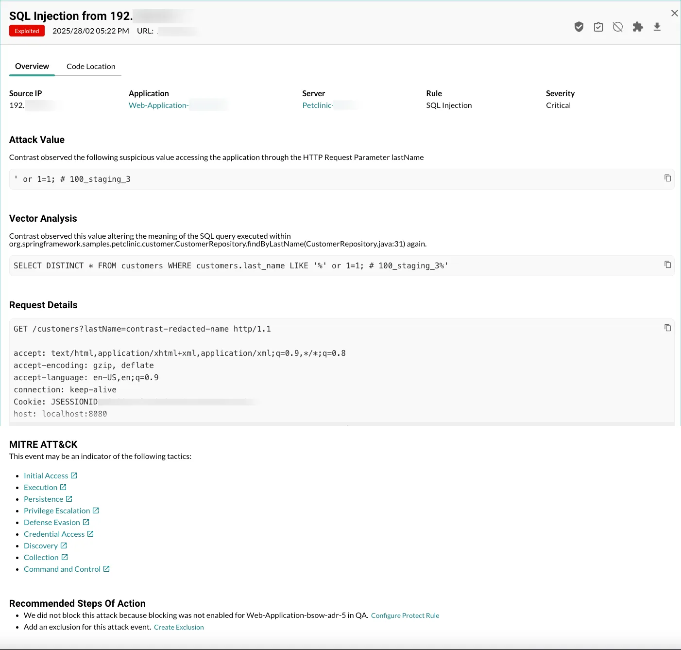 Contrast Protect attack event detail view showing a blocked SQL injection attempt with the offending payload, source IP, and the application endpoint targeted
