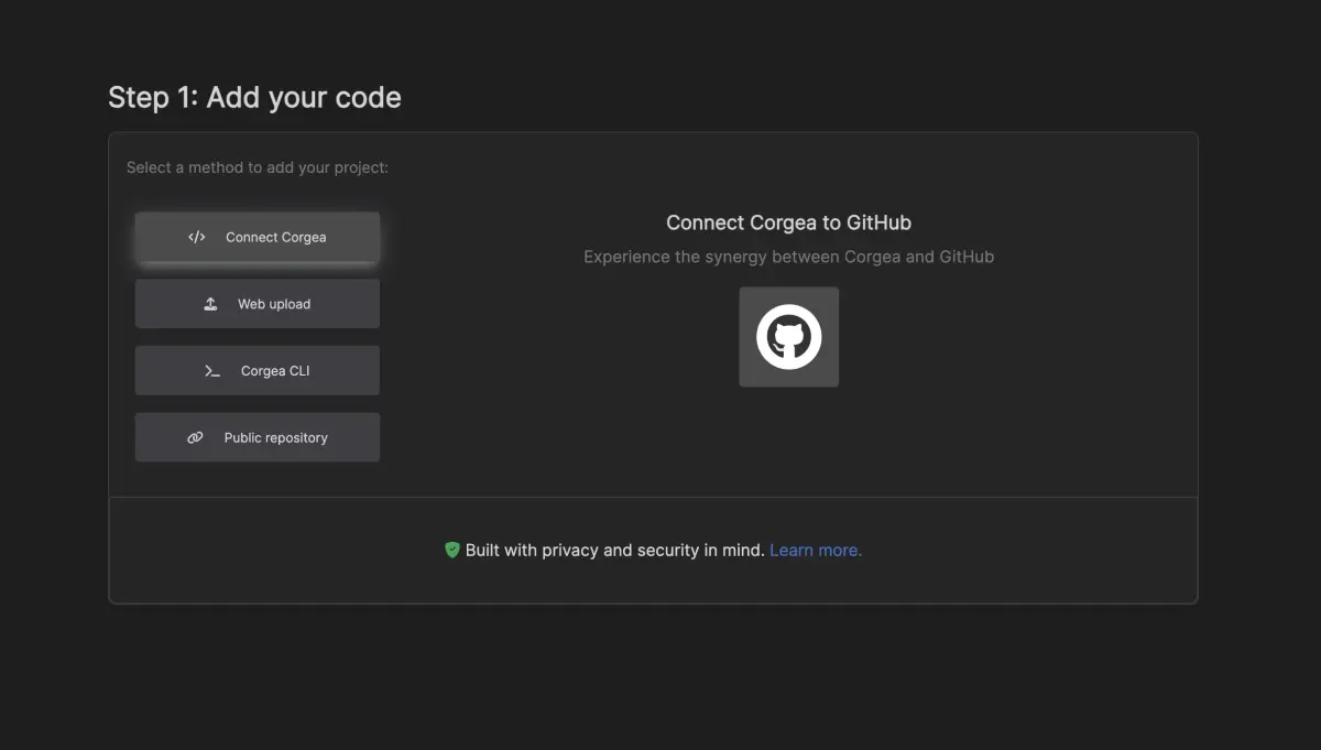 Corgea project onboarding interface showing multiple connection methods including GitHub integration, web upload, CLI, and public repository options