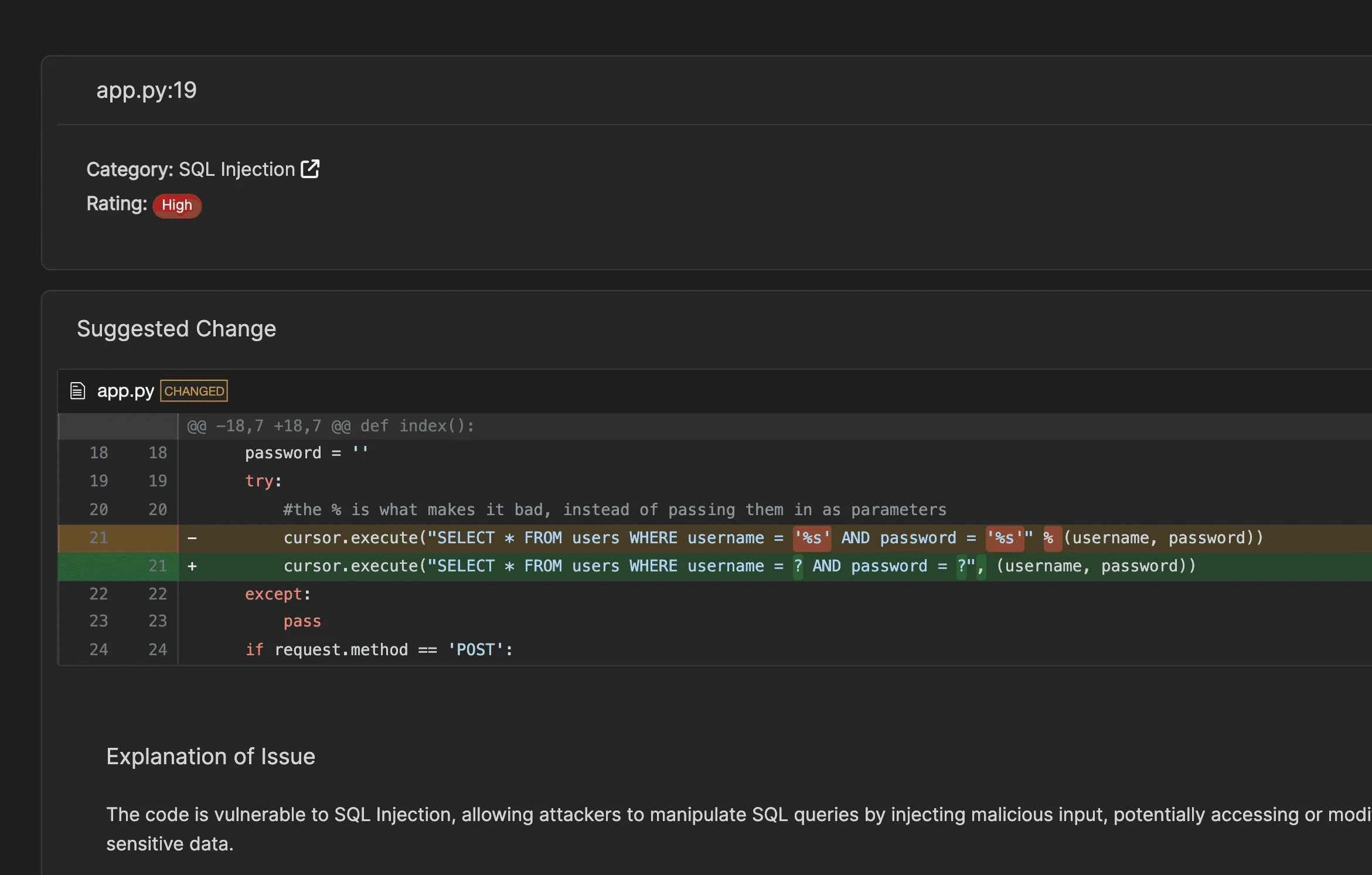 Corgea auto-fix diff view showing a SQL injection vulnerability in app.py with the original unsafe query replaced by a parameterized query, plus an Explanation of Issue section