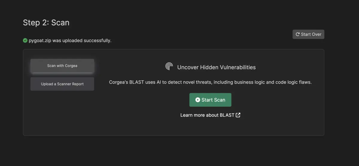 Corgea BLAST scan interface showing project upload and scan initiation with options to scan with Corgea or upload a third-party scanner report
