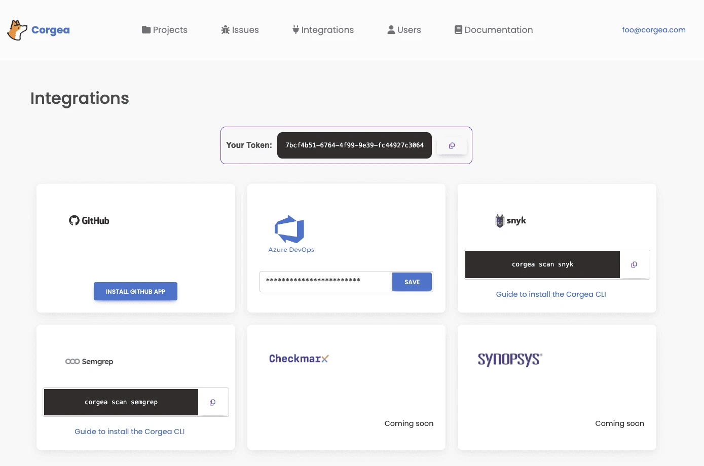 Corgea integrations panel showing connection cards for GitHub, Azure DevOps, Snyk, Semgrep, Checkmarx, and Synopsys with install buttons and CLI scan commands