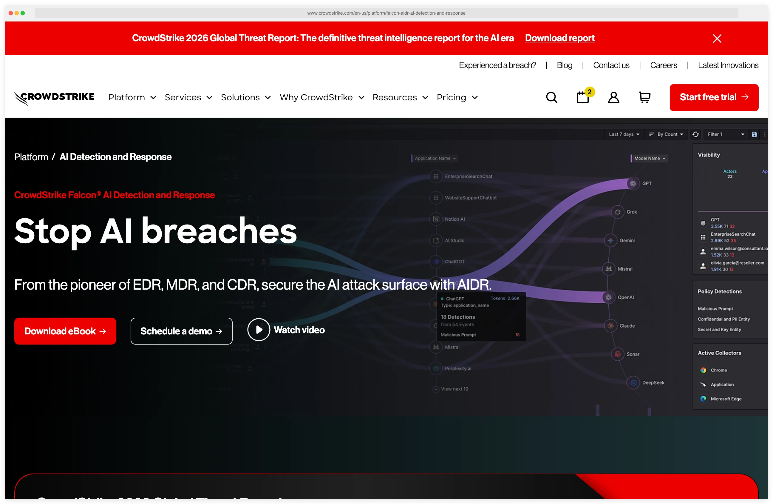 CrowdStrike Falcon AIDR product page showing AI detection and response capabilities with prompt attack protection messaging and platform branding
