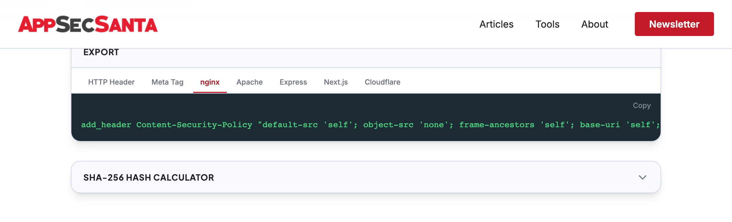 CSP export format tabs showing HTTP Header, Meta Tag, nginx, Apache, Express, Next.js, and Cloudflare options with generated nginx config