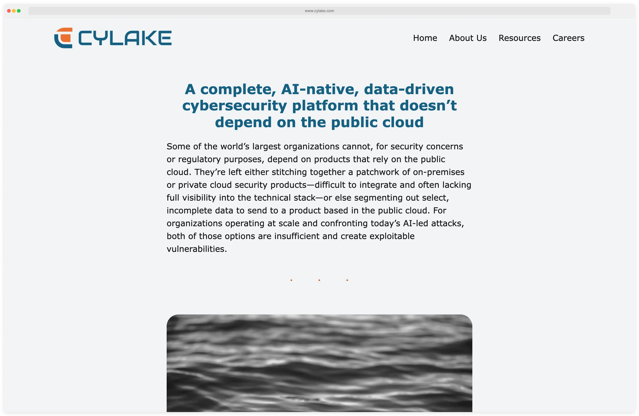 Cylake official website showing the AI-native cybersecurity platform's positioning for on-premises data sovereignty, unified threat detection, and private cloud deployment