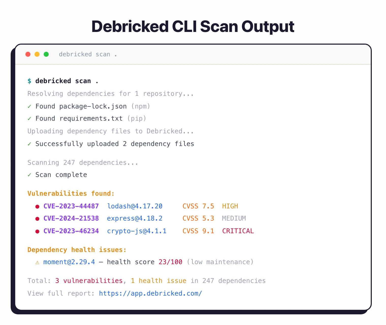 Debricked CLI scan output showing vulnerabilities found and dependency health issues